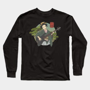 Japanese Geisha Girl Bass Guitar Player Vintage Art Long Sleeve T-Shirt